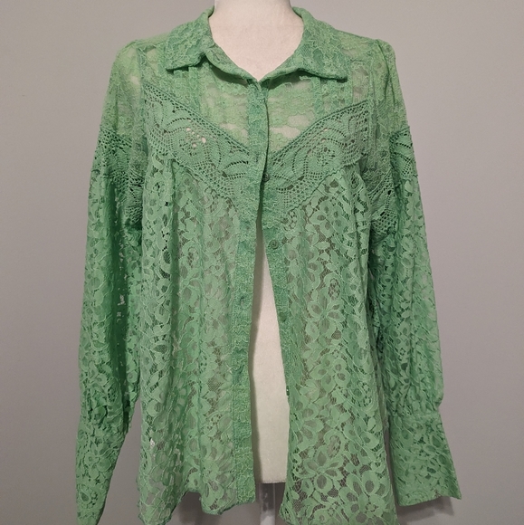 Free People Top Melona Green Out West Lace Button Up Blouse Size XS NWT Oversize - Picture 5 of 16